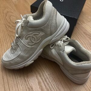 CHANEL Women's Beige and White Sneakers